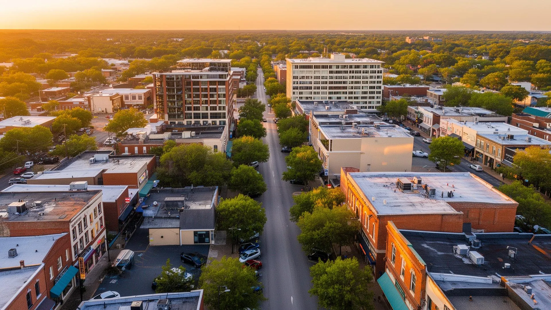 Aerial view of commercial real estate development in Athens, Georgia at sunset